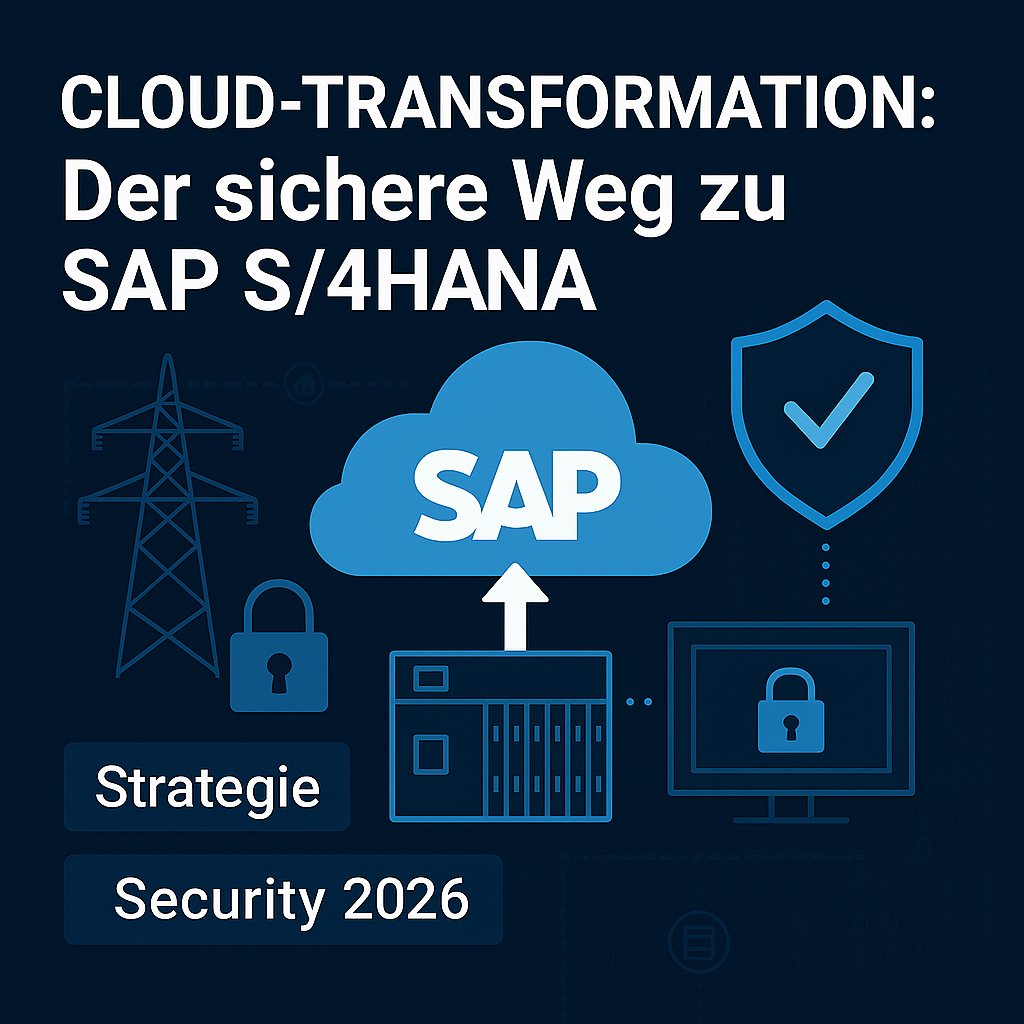 Grafik zur Cloud-Transformation zu SAP S/4HANA: Darstellung eines Cloud-Symbols mit SAP-Logo, Sicherheitssymbolen wie Schloss und Schild, sowie Serverracks und strategischen Elementen.