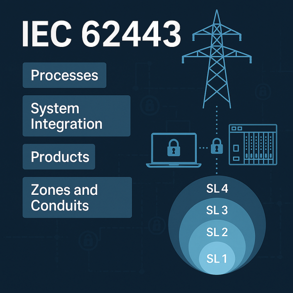 Grafik zur IEC 62443: Stromnetz mit digitalem Overlay, Segmentierung in Zonen und Conduits, Schutzlevel SL1 bis SL4 als konzentrische Kreise, Symbole für IT und OT-Sicherheit.