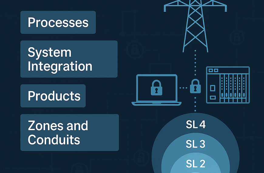 Grafik zur IEC 62443: Stromnetz mit digitalem Overlay, Segmentierung in Zonen und Conduits, Schutzlevel SL1 bis SL4 als konzentrische Kreise, Symbole für IT und OT-Sicherheit.