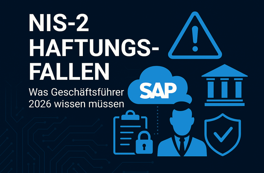 Grafik zur NIS-2-Haftung: Silhouette eines Geschäftsführers vor einem digitalen Warnsymbol, Gesetzbuch und Gerichtssymbol. Visualisierung von Verantwortung, Governance und Cybersicherheitsrisiken.