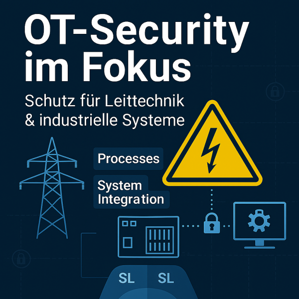 Grafik zur OT-Security: Darstellung industrieller Steuerungssysteme mit Warnsymbol, Strommast, PLC und Computer mit Schloss-Icon. Fokus auf Verfügbarkeit und Schutz kritischer Infrastruktur