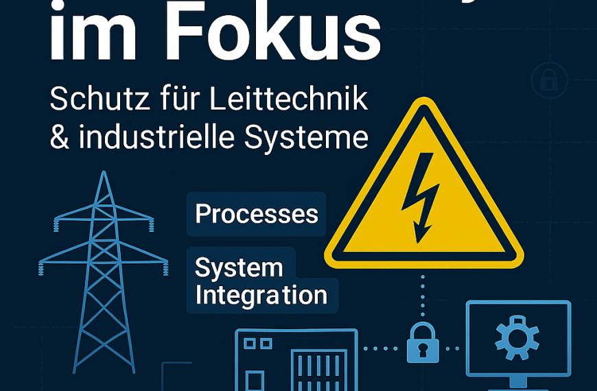 Grafik zur OT-Security: Darstellung industrieller Steuerungssysteme mit Warnsymbol, Strommast, PLC und Computer mit Schloss-Icon. Fokus auf Verfügbarkeit und Schutz kritischer Infrastruktur