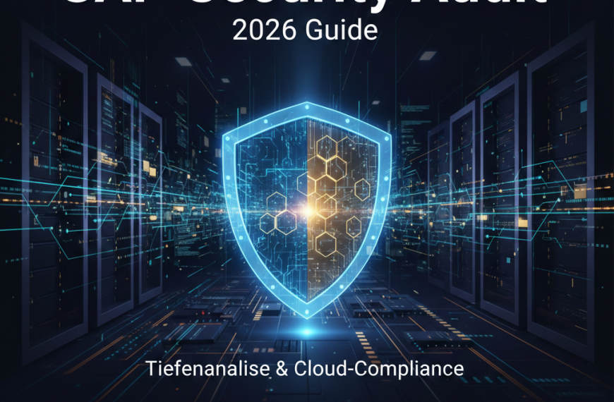 Ein leuchtendes blaues Schutzschild in einem futuristischen Serverraum, das ein SAP Security Audit und Cloud-Compliance symbolisiert