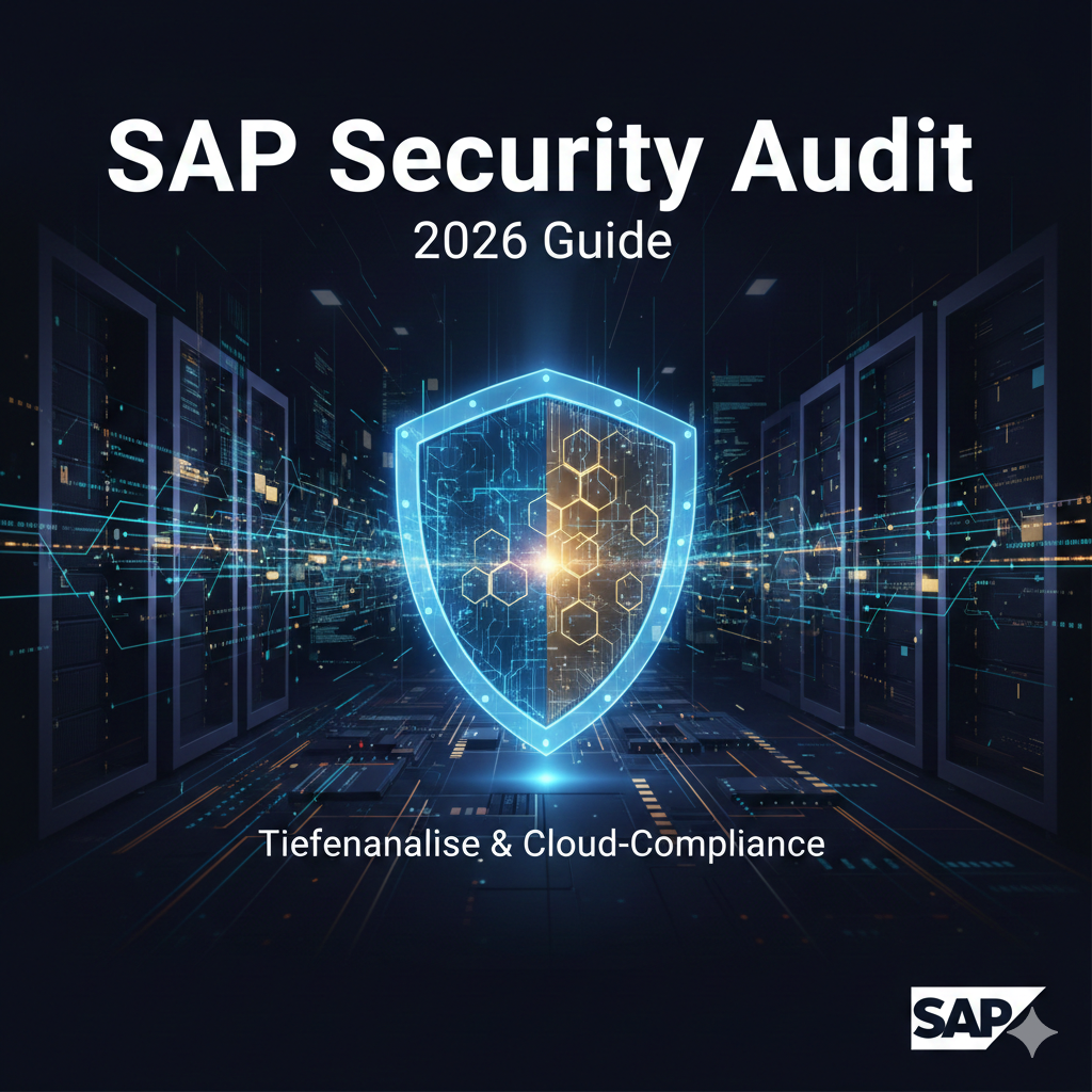 Ein leuchtendes blaues Schutzschild in einem futuristischen Serverraum, das ein SAP Security Audit und Cloud-Compliance symbolisiert