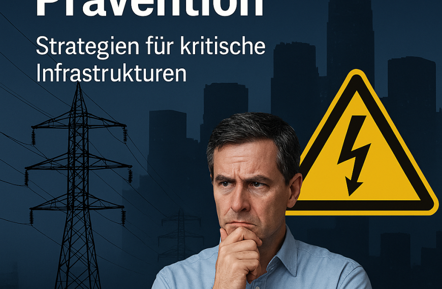 Visualisierung zur Blackout-Prävention 2026: Stromnetz-Grafiken, vernetzte IT- und OT-Systeme, dunkle Stadtbereiche als Symbol für Ausfallrisiken, technische Resilienz und Sicherheitsstrategien im Fokus