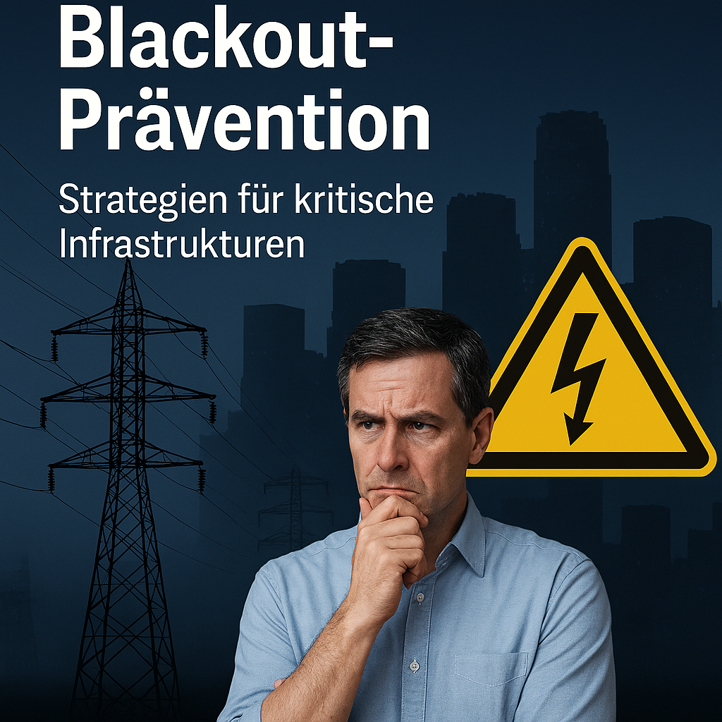 Visualisierung zur Blackout-Prävention 2026: Stromnetz-Grafiken, vernetzte IT- und OT-Systeme, dunkle Stadtbereiche als Symbol für Ausfallrisiken, technische Resilienz und Sicherheitsstrategien im Fokus